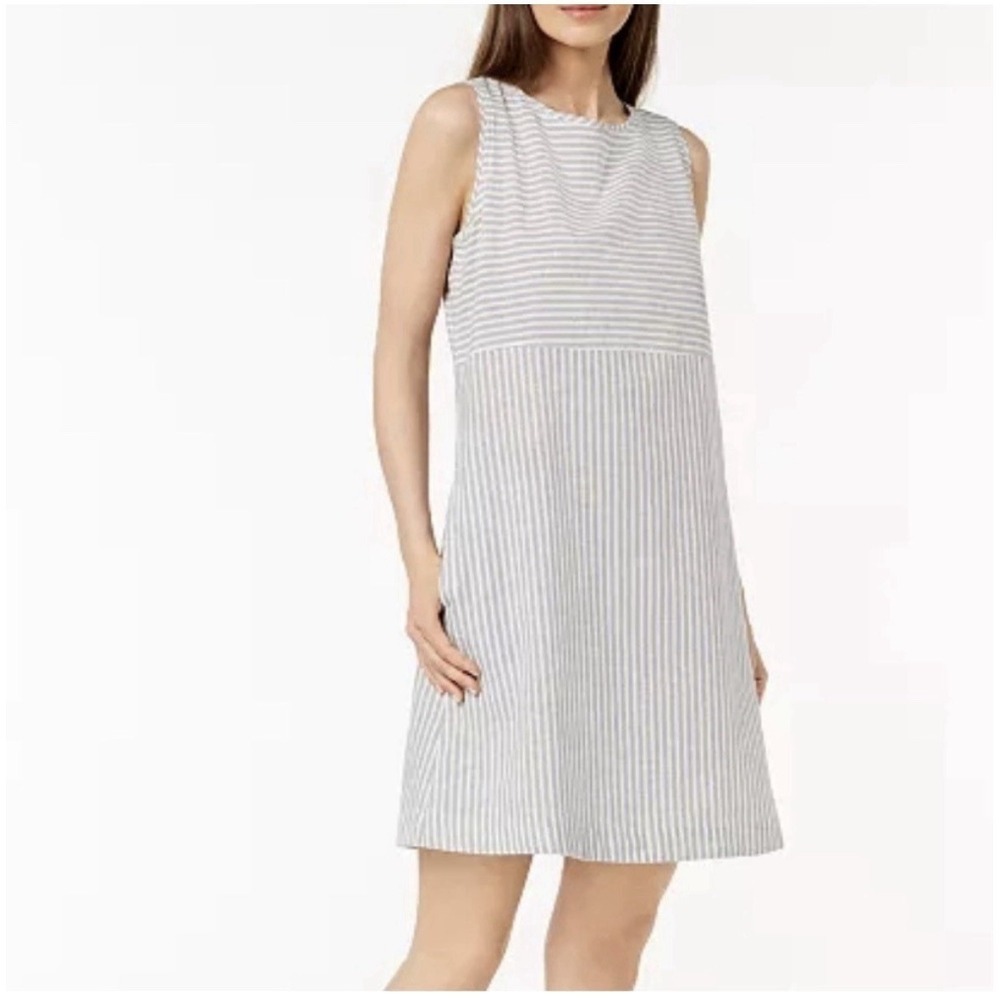 Eileen Fisher Sleeveless Shift Dress Womens Large Organic Cotton Hemp Blue white